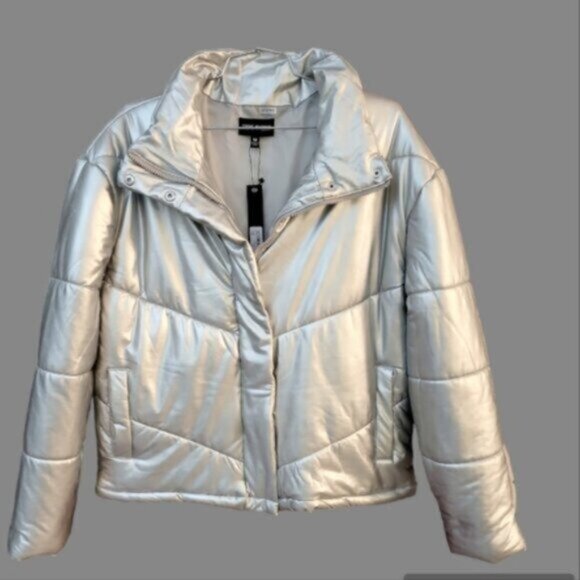 Steve Madden Metallic Silver Downtown Bomber Puffer Jacket NWT Sz Medium - Picture 2 of 12